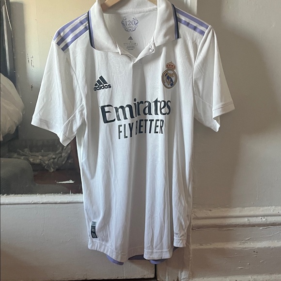 adidas Tops - adidas White Real Madrid Home Jersey with Lilac Stripes